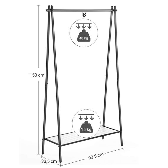 SONGMICS Kleiderständer, Garderobe, Garderobenständer, Kleiderablage, Stahlrahmen, mit Stange und Regal, 33,5 x 92,5 x 153 cm, für Schlafzimmer, Garderobe, Waschküche, Mattschwarz HSR23BK