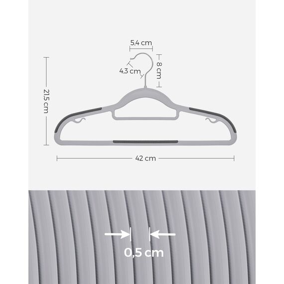 SONGMICS Kleiderbügel 50er Set, Bügel aus Kunststoff, rutschfest, platzsparend, Dicke 0,5 cm, 42 cm lang, um 360° drehbarer Haken in Silber, hellgrau-dunkelgrau CRP20G50