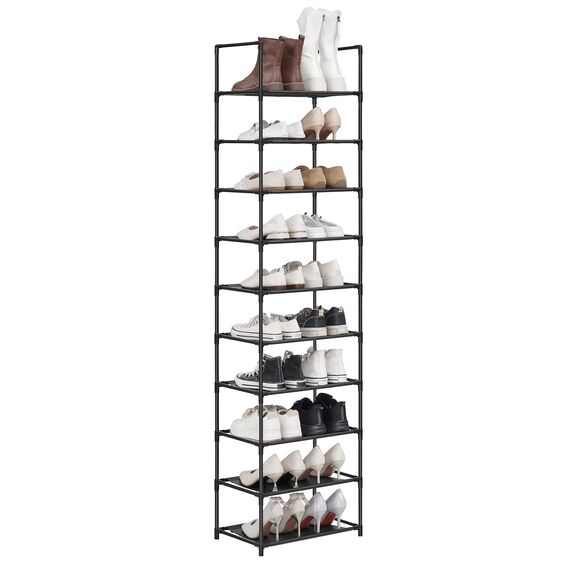 SONGMICS Schuhregal,10 Ebenen, Schuhablage, Schuhaufbewahrung, schmal, 28 x 45 x 173 cm, Metallgestell, Ablagen aus Vliesstoff, für Flur, Schlafzimmer, schwarz LSH010B02