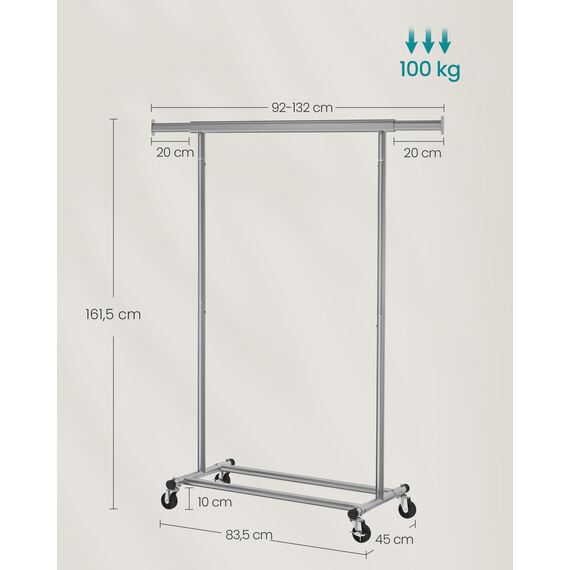 SONGMICS Kleiderständer auf Rollen, Schwerlast-Garderobenständer, ausziehbare Kleiderstange, bis 100 kg belastbar, einfache Montage, transportabel, taubengrau HSR013G01