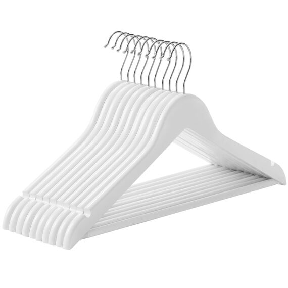 SONGMICS Kleiderbügel Holz, 10er Set, Bügel aus Massivholz, Einkerbungen im Schulterbereich, Rutschfester Hosensteg, um 360° drehbarer Haken, für Anzüge, Hemden, weiß-silbern CRW03W10