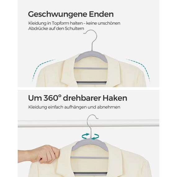 SONGMICS Kleiderbügel 50er Set, Bügel aus Kunststoff, rutschfest, platzsparend, Dicke 0,5 cm, 42 cm lang, um 360° drehbarer Haken in Silber, hellgrau-dunkelgrau CRP20G50