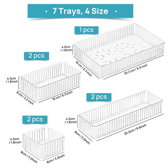 Vtopmart 7Pack Schubladen Organizer mit Geriffelt, 4 Größen Make up Ordnungssystem, Schminktisch Organizer Einsetzbar für Makeup, Küchen, Badezimmer, Büro, Schminktisch