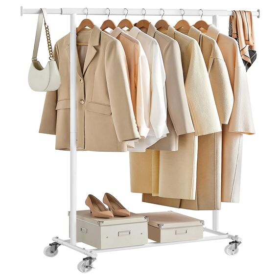 SONGMICS Kleiderständer auf Rollen, Schwerlast-Garderobenständer, ausziehbare Kleiderstange, bis 100 kg belastbar, einfache Montage, transportabel, weiß HSR013W01