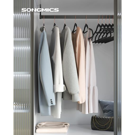SONGMICS Kleiderbügel Samt, 30er Set, Bügel, rutschfest, kleine Stange für Krawatten, 360° drehbarer Haken, 0,6 cm dick, platzsparend, 43,5 cm lang, für Mäntel, Hosen, Roségold-Schwarz CRF21BK30