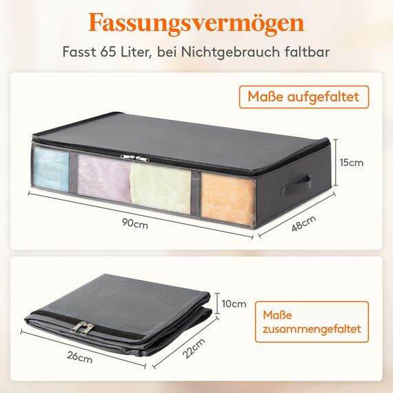 Lifewit 4 Stück 65L Unterbett Aufbewahrungsbox, Faltbare Unterbettkommode Aufbewahrungstasche Storage Boxes mit Deckel, Unterbett Aufbewahrung für Kleider Unterbett Kleiderschrank, Grau