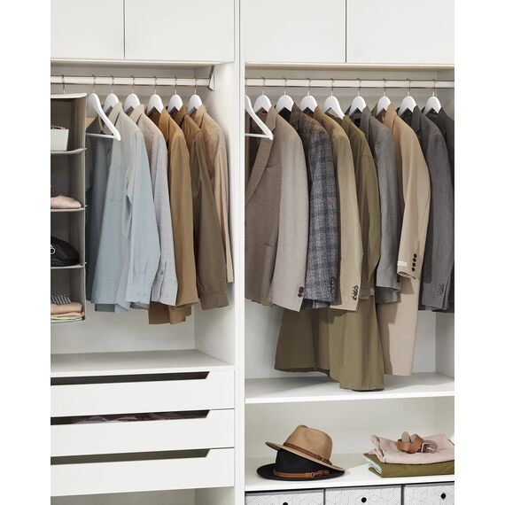 SONGMICS Kleiderbügel Holz, 20er Set, Bügel aus Massivholz, Einkerbungen im Schulterbereich, rutschfester Hosensteg, um 360° drehbarer Haken, für Anzüge, Hemden, weiß-silbern CRW03W-20