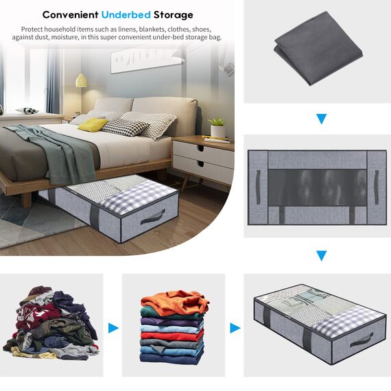 homyfort 2 Stück Premium Unterbettkommode mit Sichtfenster, Unterbett-Aufbewahrungstasche Kleideraufbewahrung, Decken Organisator Lagerbehälter, 4 Haltegriffen, 100x 50x 15 cm, Grau Leinen,