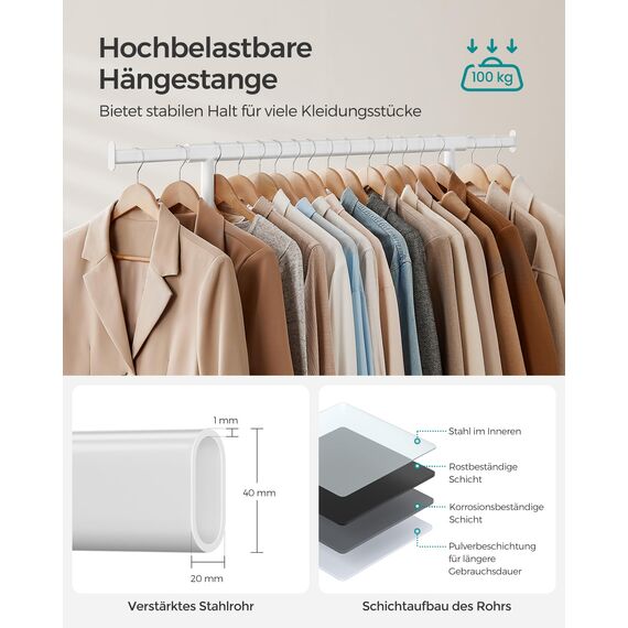 SONGMICS Kleiderständer auf Rollen, Schwerlast-Garderobenständer, ausziehbare Kleiderstange, bis 100 kg belastbar, einfache Montage, transportabel, weiß HSR013W01
