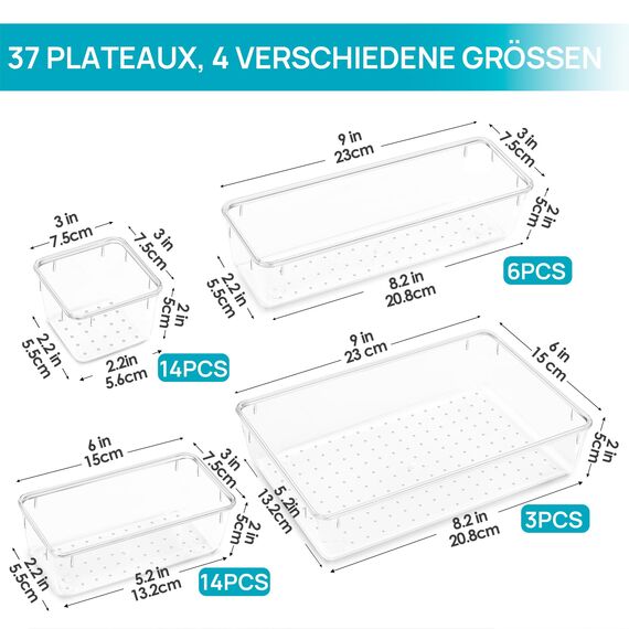 Vtopmart 37 Stücke Schubladen Ordnungssystem mit 4 Größen, Schubladen Organizer, Klar Kunststoff, Schminktisch, Einsetzbar für Makeup, Küchen, Bad, Büro