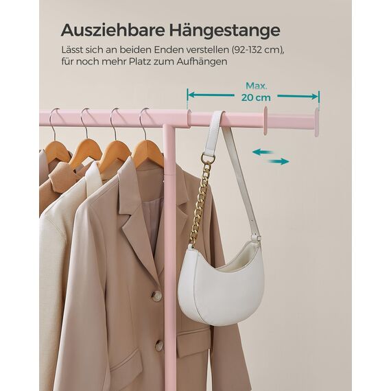 SONGMICS Kleiderständer auf Rollen, Schwerlast-Garderobenständer, ausziehbare Kleiderstange, bis 100 kg belastbar, einfache Montage, transportabel, pastellrosa HSR013R01