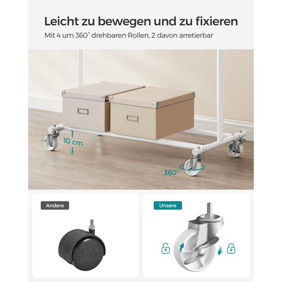 SONGMICS Kleiderständer auf Rollen, Schwerlast-Garderobenständer, ausziehbare Kleiderstange, bis 100 kg belastbar, einfache Montage, transportabel, weiß HSR013W01