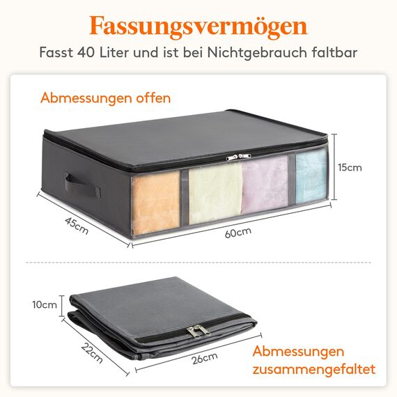 Lifewit 6 Stück 40L Unterbett Aufbewahrungsbox, Faltbare Unterbettkommode Aufbewahrungstasche Storage Boxes mit Deckel, Unterbett Aufbewahrung für Kleider Unterbett Kleiderschrank, Grau