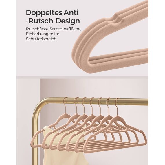 SONGMICS Kleiderbügel Samt, 50er Set, Bügel, rutschfest, kleine Stange für Krawatten, 360° drehbarer Haken, 0,6 cm dick, platzsparend, 43,5 cm lang, für Mäntel, Hosen, Roségold-Hellbraun CRF021LB50