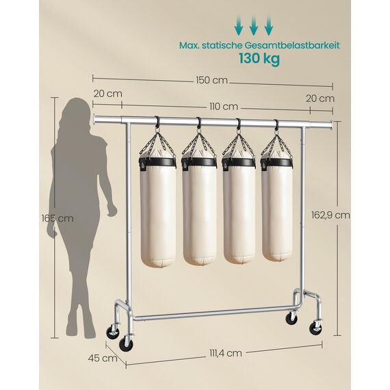 SONGMICS Kleiderständer auf Rollen, Garderobenständer, hochbelastbar, ausziehbare Kleiderstange, bis 130 kg belastbar, 45 x (110-150) x 162,9 cm, aus Metall, verchromt, silbern HSR11S