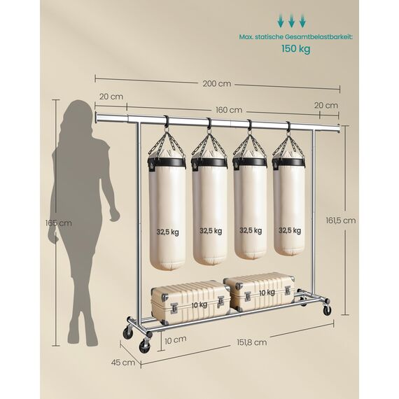 SONGMICS Kleiderständer auf Rollen, Schwerlast-Garderobenständer, ausziehbare Kleiderstange, bis 150 kg belastbar, einfache Montage, transportabel, silbern HSR175E01