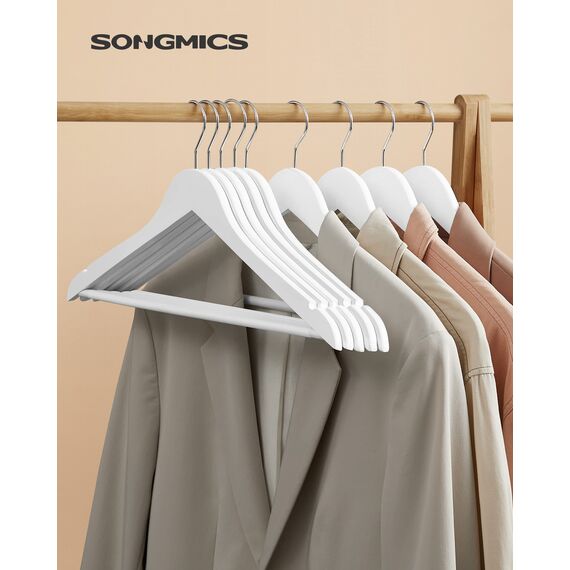 SONGMICS KleiderbÜgel Holz, 50er Set, BÜgel aus Massivholz, Einkerbungen im Schulterbereich, rutschfester Hosensteg, um 360° drehbarer Haken, fÜr AnzÜge, Hemden, weiß-silbern CRW03W-50