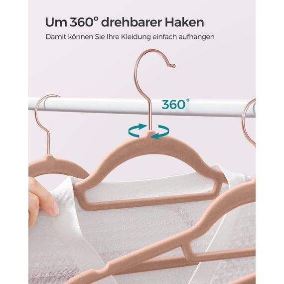 SONGMICS Kleiderbügel Samt, 50er Set, Bügel, rutschfest, kleine Stange für Krawatten, 360° drehbarer Haken, 0,6 cm dick, platzsparend, 43,5 cm lang, für Mäntel, Hosen, Roségold-Hellbraun CRF021LB50