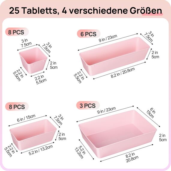 Vtopmart 25 Stücke Rosa Schubladen Organizer mit 4 Größen, Make up Ordnungssystem, Schminktisch Organizer Einsetzbar für Makeup, Küchen, Badezimmer, Büro, Schminktisch