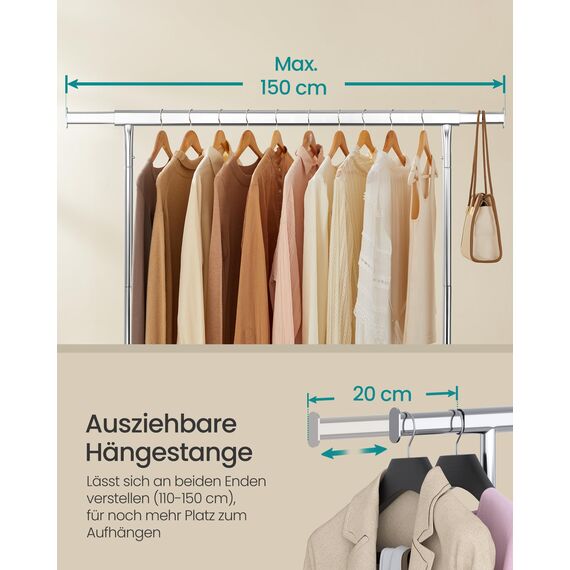 SONGMICS Kleiderständer auf Rollen, Garderobenständer, hochbelastbar, ausziehbare Kleiderstange, bis 130 kg belastbar, 45 x (110-150) x 162,9 cm, aus Metall, verchromt, silbern HSR11S