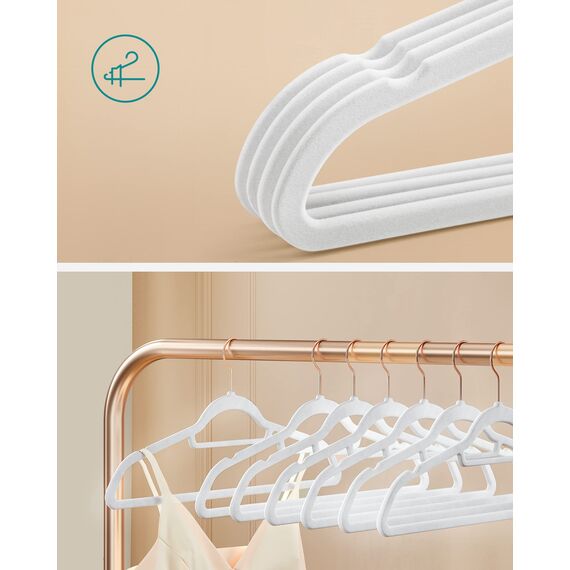 SONGMICS Kleiderbügel Samt, 50er Set, Bügel, rutschfest, kleine Stange für Krawatten, 360° drehbarer Haken, 0,6 cm dick, platzsparend, 43,5 cm lang, für Mäntel, Hosen, Roségold-Weiß CRF021W02