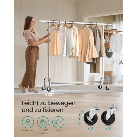 SONGMICS Kleiderständer auf Rollen, Garderobenständer, hochbelastbar, ausziehbare Kleiderstange, bis 130 kg belastbar, 45 x (110-150) x 162,9 cm, aus Metall, verchromt, silbern HSR11S