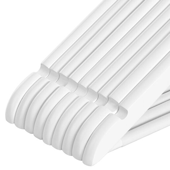 SONGMICS Kleiderbügel Holz, 20er Set, Bügel aus Massivholz, Einkerbungen im Schulterbereich, Rutschfester Hosensteg, um 360° drehbarer Haken, für Anzüge, Hemden, weiß-roségoldfarben CRW001W01