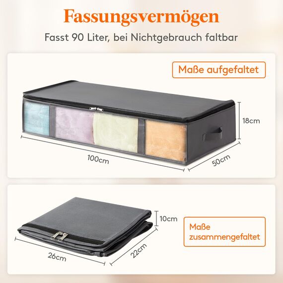 Lifewit 6 Stück 90L Unterbett Aufbewahrungsbox, Faltbare Unterbettkommode Aufbewahrungstasche Storage Boxes mit Deckel, Unterbett Aufbewahrung für Kleider Unterbett Kleiderschrank, Grau