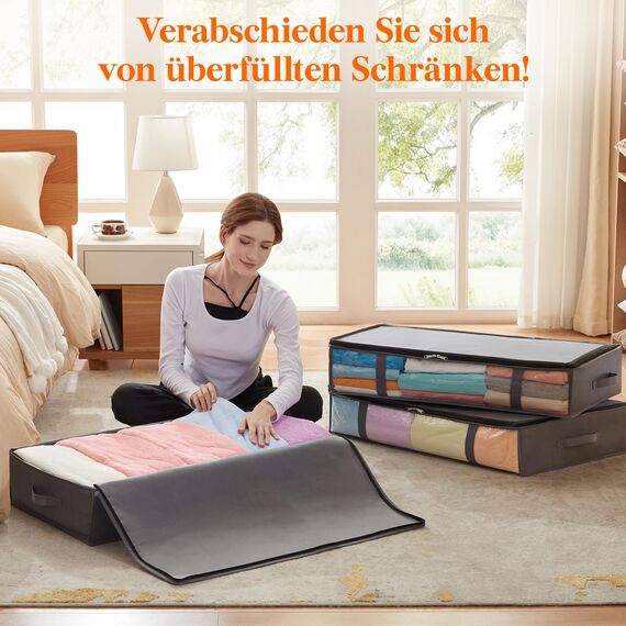 Lifewit 2 Stück 65L Unterbett Aufbewahrungsbox, Faltbare Unterbettkommode Aufbewahrungstasche Storage Boxes mit Deckel, Unterbett Aufbewahrung für Kleider Unterbett Kleiderschrank, Grau