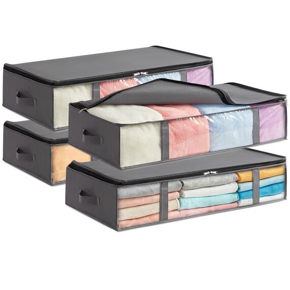 Lifewit 4 Stück 90L Unterbett Aufbewahrungsbox, Faltbare Unterbettkommode Aufbewahrungstasche Storage Boxes mit Deckel, Unterbett Aufbewahrung für Kleider Unterbett Kleiderschrank, Grau
