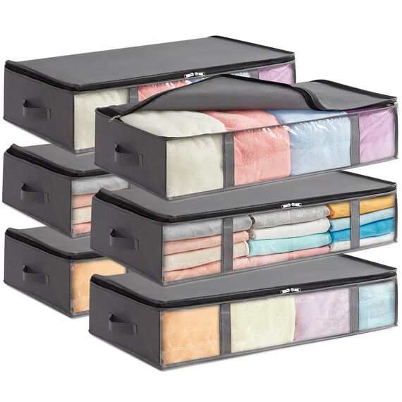 Lifewit 6 Stück 90L Unterbett Aufbewahrungsbox, Faltbare Unterbettkommode Aufbewahrungstasche Storage Boxes mit Deckel, Unterbett Aufbewahrung für Kleider Unterbett Kleiderschrank, Grau