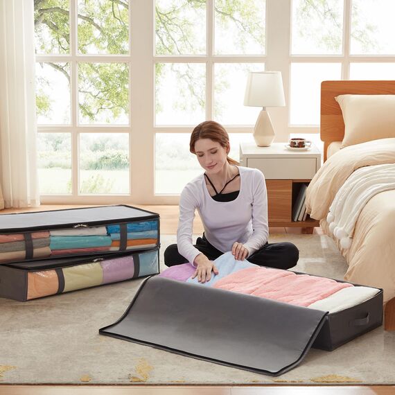 Lifewit 4 Stück 75L Unterbett Aufbewahrungsbox, Faltbare Unterbettkommode Aufbewahrungstasche Storage Boxes mit Deckel, Unterbett Aufbewahrung für Kleider Unterbett Kleiderschrank, Grau