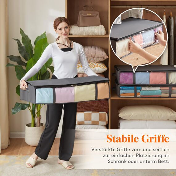 Lifewit 4 Stück 65L Unterbett Aufbewahrungsbox, Faltbare Unterbettkommode Aufbewahrungstasche Storage Boxes mit Deckel, Unterbett Aufbewahrung für Kleider Unterbett Kleiderschrank, Grau