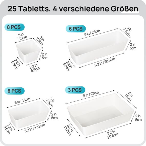 Vtopmart 25 Stücke Weiß Schubladen Organizer mit 4 Größen, Make up Ordnungssystem, Schminktisch Organizer Einsetzbar für Makeup, Küchen, Badezimmer, Büro, Schminktisch