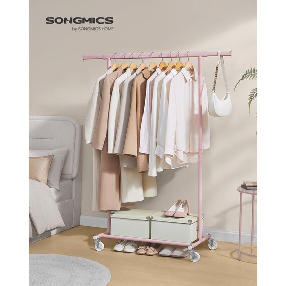 SONGMICS Kleiderständer auf Rollen, Schwerlast-Garderobenständer, ausziehbare Kleiderstange, bis 100 kg belastbar, einfache Montage, transportabel, pastellrosa HSR013R01