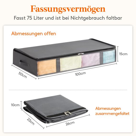 Lifewit 4 Stück 75L Unterbett Aufbewahrungsbox, Faltbare Unterbettkommode Aufbewahrungstasche Storage Boxes mit Deckel, Unterbett Aufbewahrung für Kleider Unterbett Kleiderschrank, Grau