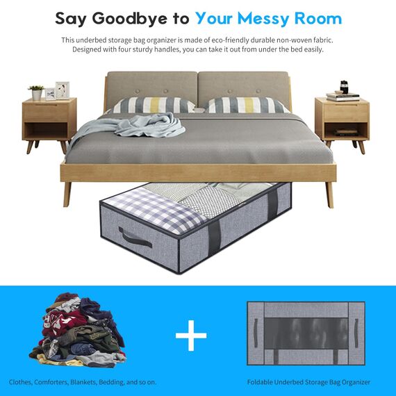 homyfort 2 Stück Premium Unterbettkommode mit Sichtfenster, Unterbett-Aufbewahrungstasche Kleideraufbewahrung, Decken Organisator Lagerbehälter, 4 Haltegriffen, 100x 50x 15 cm, Grau Leinen,