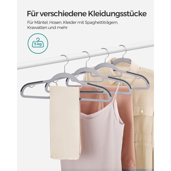 SONGMICS Kleiderbügel 50er Set, Bügel aus Kunststoff, rutschfest, platzsparend, Dicke 0,5 cm, 42 cm lang, um 360° drehbarer Haken in Silber, hellgrau-dunkelgrau CRP20G50