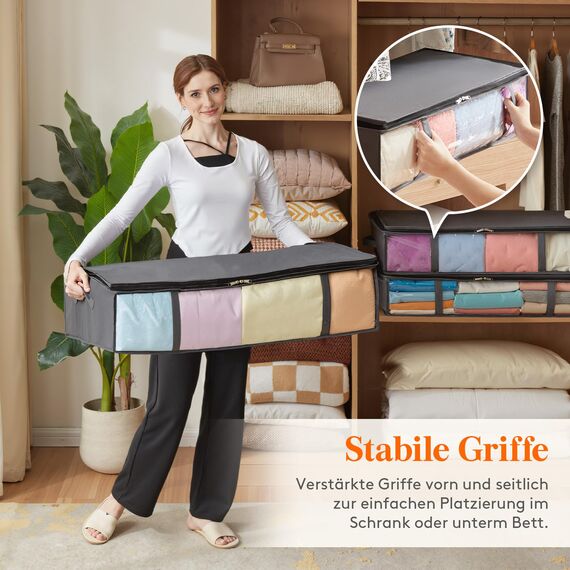 Lifewit 4 Stück 90L Unterbett Aufbewahrungsbox, Faltbare Unterbettkommode Aufbewahrungstasche Storage Boxes mit Deckel, Unterbett Aufbewahrung für Kleider Unterbett Kleiderschrank, Grau