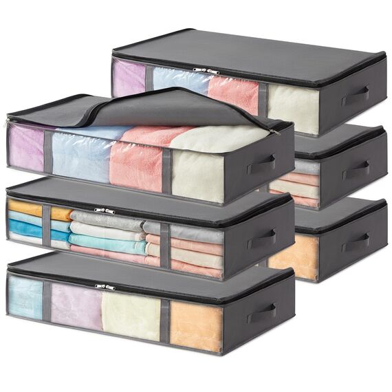 Lifewit 6 Stück 65L Unterbett Aufbewahrungsbox, Faltbare Unterbettkommode Aufbewahrungstasche Storage Boxes mit Deckel, Unterbett Aufbewahrung für Kleider Unterbett Kleiderschrank, Grau