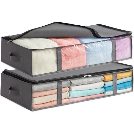 Lifewit 2 Stück 90L Unterbett Aufbewahrungsbox, Faltbare Unterbettkommode Aufbewahrungstasche Storage Boxes mit Deckel, Unterbett Aufbewahrung für Kleider Unterbett Kleiderschrank, Grau