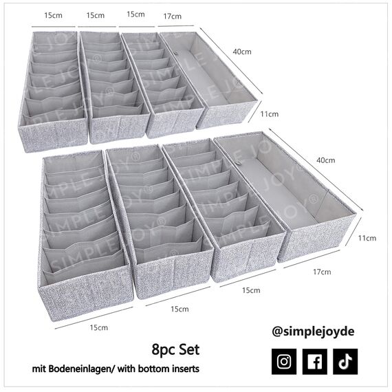 SIMPLE JOY® HEMNES DOUBLE Organizer für ikea HEMNES 160cm Doppelkommode, Schadstoffgeprüft, DAS ORIGINAL; passgenau; Schubladen Ordnungssystem sicher für Babykleidung, Wickelbedarf; 8er Set