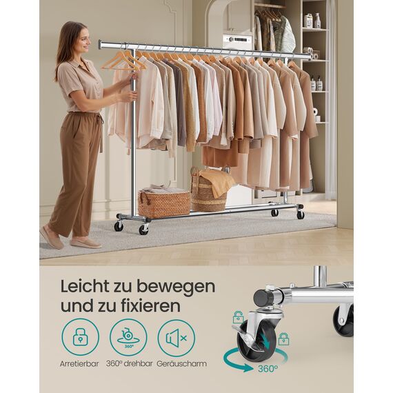 SONGMICS Kleiderständer auf Rollen, Schwerlast-Garderobenständer, ausziehbare Kleiderstange, bis 150 kg belastbar, einfache Montage, transportabel, silbern HSR175E01