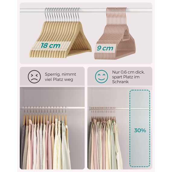 SONGMICS Kleiderbügel Samt, 50er Set, Bügel, rutschfest, kleine Stange für Krawatten, 360° drehbarer Haken, 0,6 cm dick, platzsparend, 43,5 cm lang, für Mäntel, Hosen, Roségold-Hellbraun CRF021LB50