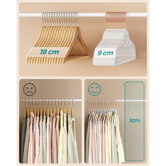 SONGMICS Kleiderbügel Samt, 50er Set, Bügel, rutschfest, kleine Stange für Krawatten, 360° drehbarer Haken, 0,6 cm dick, platzsparend, 43,5 cm lang, für Mäntel, Hosen, Roségold-Weiß CRF021W02