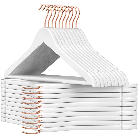 SONGMICS Kleiderbügel Holz, 20er Set, Bügel aus Massivholz, Einkerbungen im Schulterbereich, Rutschfester Hosensteg, um 360° drehbarer Haken, für Anzüge, Hemden, weiß-roségoldfarben CRW001W01