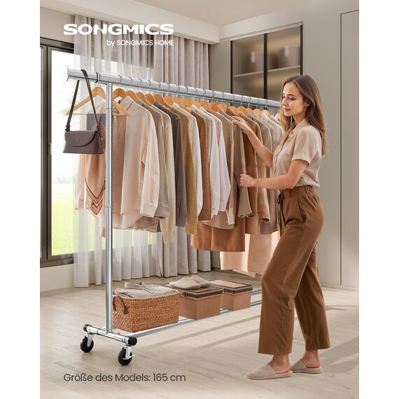SONGMICS Kleiderständer auf Rollen, Schwerlast-Garderobenständer, ausziehbare Kleiderstange, bis 150 kg belastbar, einfache Montage, transportabel, silbern HSR175E01