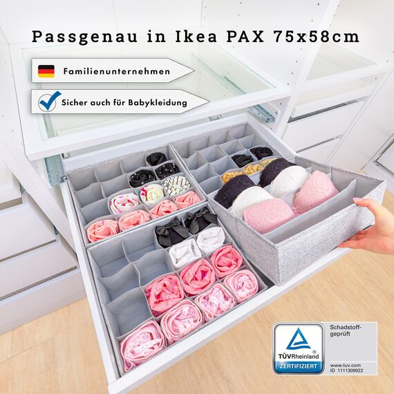 SIMPLE JOY® PAX75 Organizer für ikea Kleiderschrank; DAS ORIGINAL; passgenau; Stabiler Boden; Schubladen Ordnungssystem für Socken, BHs, Unterwäsche, Krawatten; 4er Set