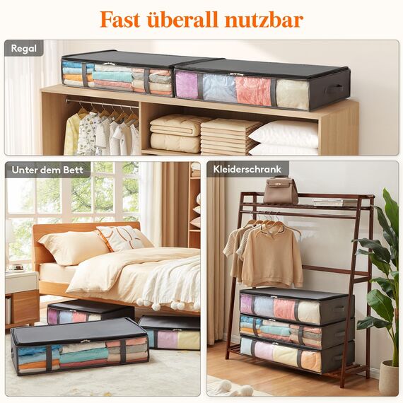 Lifewit 4 Stück 90L Unterbett Aufbewahrungsbox, Faltbare Unterbettkommode Aufbewahrungstasche Storage Boxes mit Deckel, Unterbett Aufbewahrung für Kleider Unterbett Kleiderschrank, Grau