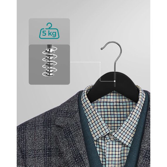 SONGMICS Kleiderbügel Holz, 80er Set, Bügel aus Massivholz, Einkerbungen im Schulterbereich, Rutschfester Hosensteg, um 360° drehbarer Haken, für Anzüge, Hemden, schwarz-silbern CRW02B-80